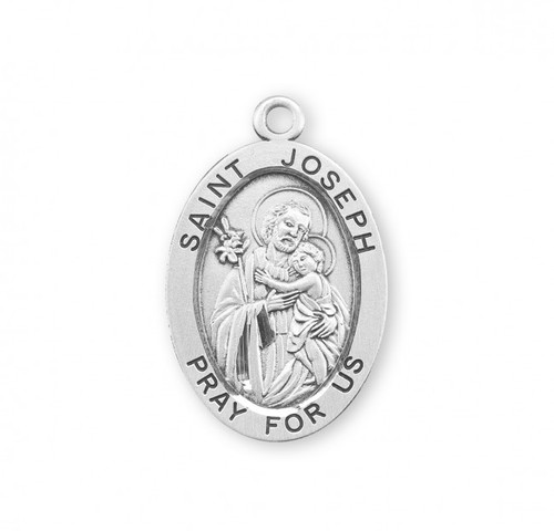  St. Joseph .925 Sterling Silver Oval Medal.  Dimensions:  1.3" x 0.8" (32mm x 20mm).   Weight of medal: 4.9. Medal comes on a 24" genuine rhodium plated curb chain.  Made in USA. Deluxe velvet gift box included. Engraving available. 