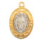 Oval double sided pendant.
Solid .925 sterling silver medal set inside a gold over .925 silver border.
Dimensions: 0.9" x 0.6" (24mm x 15mm)
Weight of medal: 3.6 Grams.
18" Genuine gold plated curb chain.
Made in USA.
Deluxe velvet gift box.