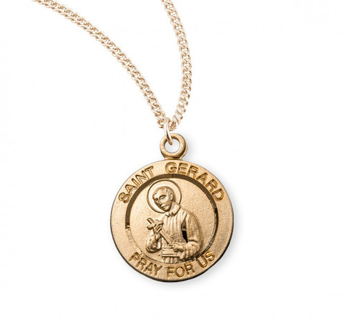 Saint Gerard round medal-pendant.
Gold over solid .925 sterling silver.
Detail depicts him holding the Infant Jesus.
Saint Joseph is the Patron Saint of Pregnancy and Safe Deliveries
Dimensions: 0.8" x 0.6" (18mm x 15mm)
Weight of medal: 2.1 Grams.
18" Genuine gold plated curb chain.
Made in USA.
Included-gift box.