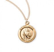 Saint Jude round medal-pendant.
Gold over solid .925 sterling silver.
Detail depicts him holding the Infant Jesus.
Saint Joseph is the Patron Saint of Hopeless Cases/Desperate Needs
Dimensions: 0.8" x 0.6" (18mm x 15mm)
Weight of medal: 2.1 Grams.
18" Genuine gold plated curb chain.
Made in USA.
Included-gift box.