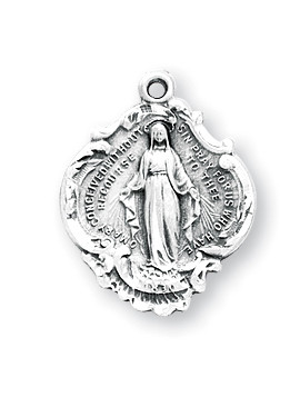 3/4" Miraculous Baroque style Medal. Baroque style Miraculous Medal comes on an 18" genuine rhodium plated curb chain.  Dimensions: 0.8" x 0.6" (19mm x 15mm). Deluxe velour gift box included. Made in the USA.