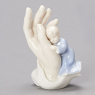 Porcelain Statue of a Boy in the "Palm of His Hand". Perfect Gift for a Baptism! Dimensions: 4.38"H 3"W 2.25"D