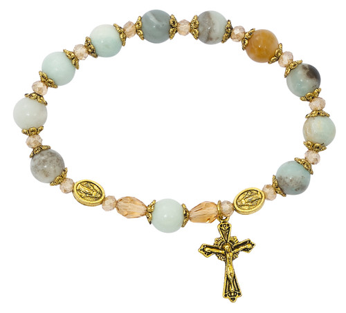 Rosary Stretch Bracelet made of Amazonite Antique Gold Beads. The rosary stretch bracelet comes in a white box with clear cover. 