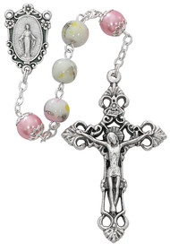 8mm Marbeline bead with pink capped Our Father beads and silver oxidized crucifix and center. Made in Italy. Comes in box with clear lid.