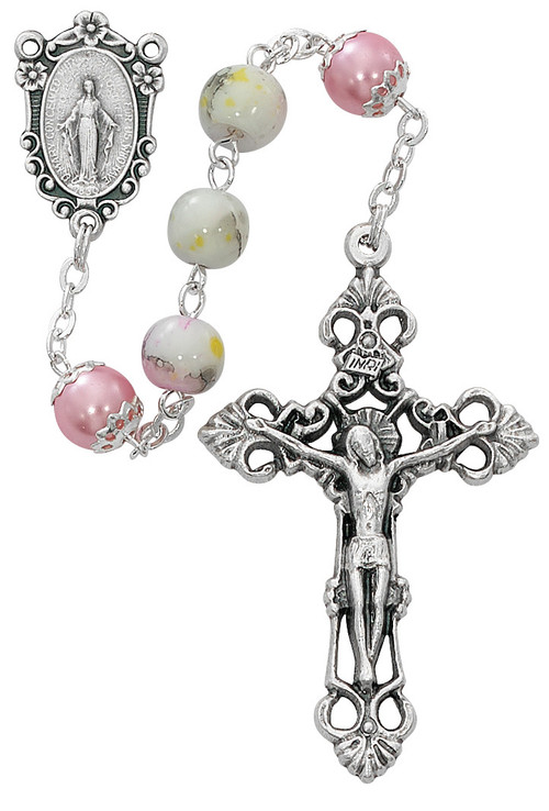8mm Marbeline bead with pink capped Our Father beads and silver oxidized crucifix and center. Made in Italy. Comes in box with clear lid.