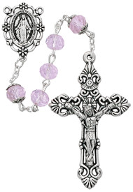 8mm  sun cut pink crystal beads with silver ox crucifix and center. Rosary comes boxed. Rosary measures 21 1/2"