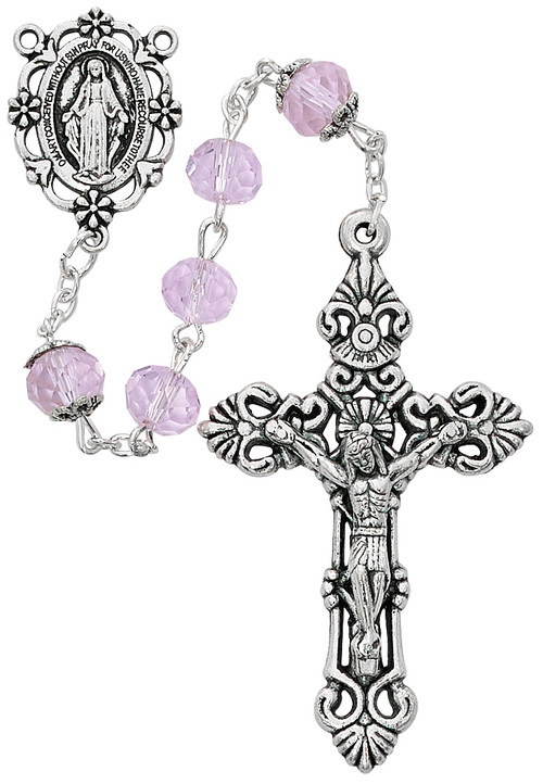 8mm  sun cut pink crystal beads with silver ox crucifix and center. Rosary comes boxed. Rosary measures 21 1/2"