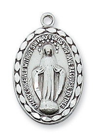 Sterling Silver Miraculous Medal comes on an 18in rhodium plated chain. Dimension: 7/ 8" X 1/2". Gift box included