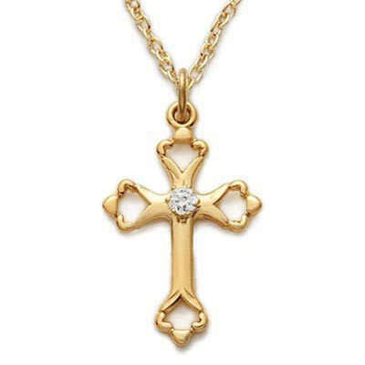 Gold over Sterling Silver Cross with CZ Pendant.  Gold over Sterling Silver Cross Pendant with with CZ in center of cross comes with an 18" genuine rhodium plated chain. Medal comes in a deluxe velour gift box.  Made in the USA