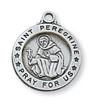 Antique Silver Plated Pewter Saint Peregrine 3/4"D Round Medal. St Peregrine Round Medal comes on an 18" Rhodium Chain. A Deluxe Gift Box Included. Patron Saint of Cancer