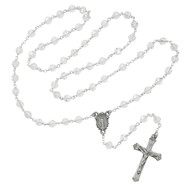 Crystal beads tin cut rosary with pewter crucifix and center. Gift box included.