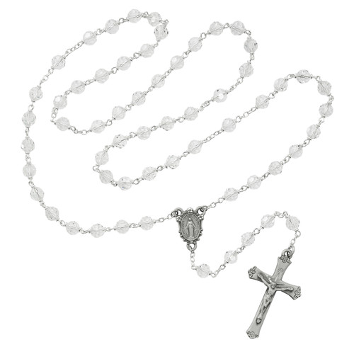 Crystal beads tin cut rosary with pewter crucifix and center. Gift box included.
