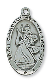 1 - 2/16" Pewter Saint Christopher Oval Medal.  St Christopher Oval Medal comes on a 24" rhodium chain. Medal comes gift boxed.  Made in the USA