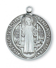 1" Antique Silver Saint Benedict Medal. St Benedict Medal comes on a 24" Rhodium Plated Chain. A Deluxe Gift Box is Included