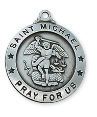 Pewter St Michael  7/8" Round Medal.  St Michael Medal comes on a 24" rhodium plated chain in a deluxe giftbox. Made in the USA