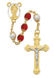 8MM Red and Pearl Beads Capped Rosary. Center and Crucifix are made of pewter. Gift box included. Made in the USA