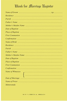 Marriage Register Blank. Each certificate measures:  5 1/2" x 8 1/2".  Imprinted Certificates are sold in pads of 50.  All Certificates are Printed on Acid-Free Paper for Long Life.