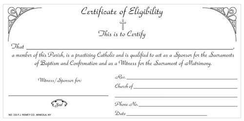 Certifies to the practical Catholicity of Sponsor, God-parent or Witness.  Certificates come in pads of 50, measuring 3 1/2" x 6".