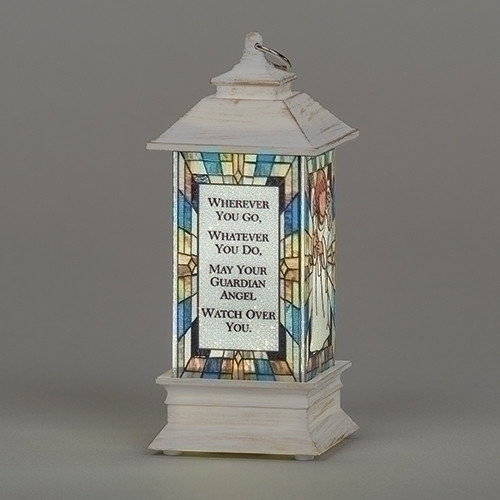 5"H Led Angel Lantern Ornament. Angel LED Ornament measures: 3.5"H 2.5"W 2"D. Battery included. Made of plastic. Measurements:  5"H x 2"W x 2"L.
Wording on lantern says:
"Wherever you go, whatever you do, may your guardian angel watch over you."