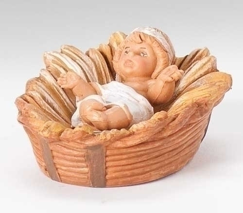 Fontanini 5" scale baby Jesus in crib. Made of unbreakable polymer