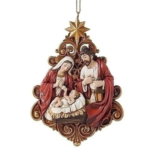 This stunning Christmas ornament features the Holy family with a gold filigree tree in the background. 
