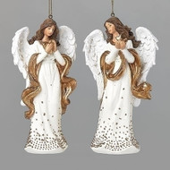 5"H Gold Dot Angel Ornament in two styles. CHOOSE angel ornament holding a star or angel ornament holding a heart. Angel Ornament measures: 5"H x 3"W 2"D. 