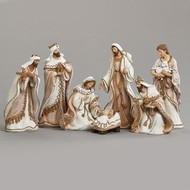 An image of the gold trim nativity set from St. Jude Shop.