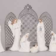 Image of the Silver Metal Triptych Backdrop for Nativities set behind an elegant nativity.