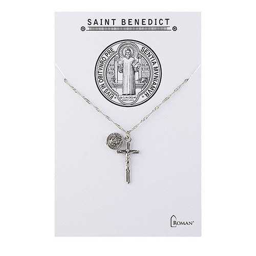 St Benedict Medal and Crucifix on an 18" chain with 2" extender. St Benedict and Crucifix necklace is made of zinc alloy and is lead free. 
