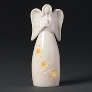 A white angel figurine that’s illuminated with light glowing through star-shaped holes in her dress. 6.25" LED Porcelain Praying Angel. Praying Angel measures 6.25"H x 2.5"L. LED Praying Angel comes with 2 LR44 Batteries.