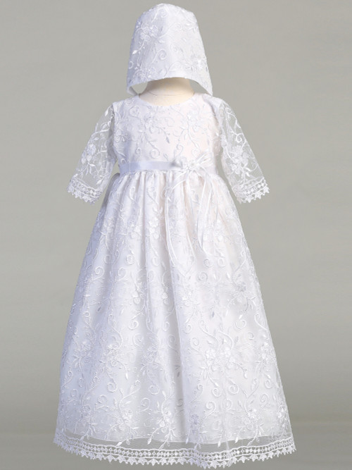 Abby Christening Gown is made of embroidered tulle. Abby Gown comes with a bonnet and is made in the USA. Sizes 0-3 months, 3-6 months, 6-12 months, 12-18 months