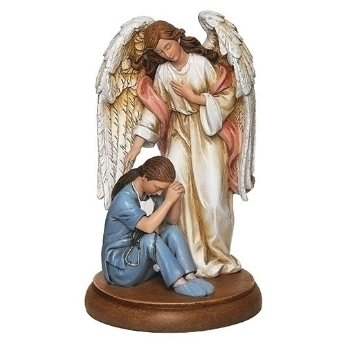 Guardian Angel withFrmale Healthcare Worker. This angel comforting a female healthcare worker figures sits on a wood platform. Figure measures 7.25"H. Figure is made of a resin/stone mix. Male version also available 602129