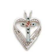 Beautiful Sterling Silver  Cloisonne Heart Cross. Cross comes on an 18" chain, and is boxed. Made in the USA.