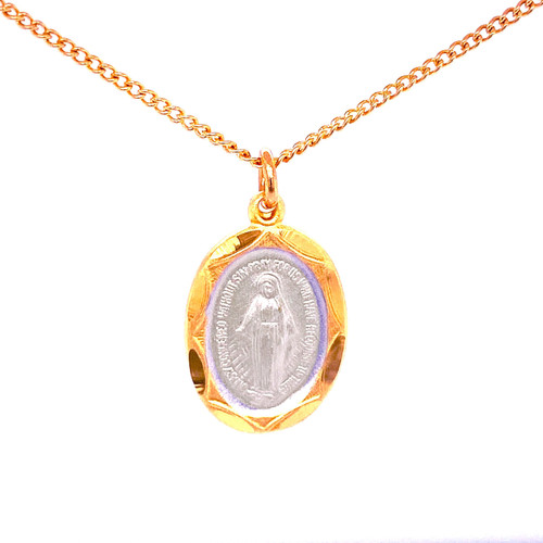 5/6"L Gold over Sterling Silver Two Tone Miraculous Medal comes on an 18" gold plated chain. Comes in a gift box. 