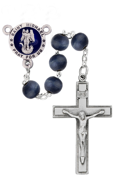 8mm Round Blue Wood Bead Rosary. Round blue enameled pewter St. Michael Center and Crucifix.  Deluxe Gift Box Included. Made in the USA