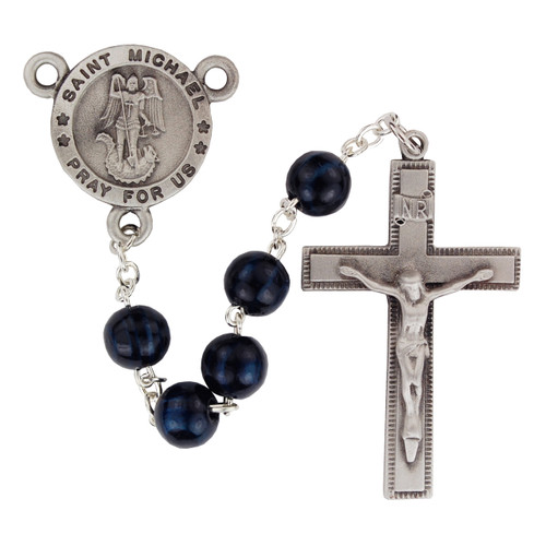 8mm Round Blue Wood Bead Rosary. Round  pewter St. Michael Center and pewter Crucifix.  Deluxe Gift Box Included. Made in the USA

 