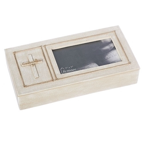 Confirmation Photo Keepsake Box is made of a resin/dolomite material. Measurement for the Photo/Keepsake Box are 1.75"H  and it  holds a 3.5"x5" Photo. 