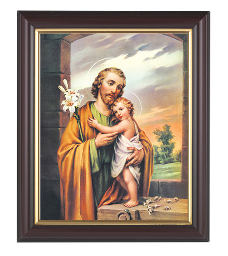 St Joseph with The Child Jesus in a fine detail channel grooved dark walnut frame with gold inside lip. Overall Dimensions are 10" X 12",  1.25" Wide Facing to Fit an 8" x 10" Italian Lithograph Under Glass.   