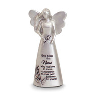 Graceful sculpted angel with warm blessings for a special Nurse.  A beautiful angel that reads; "God bless this nurse who has love to share, compassion to care, and kindness to spare." Made from Pewter, stands 4" tall