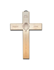 Personalized 10 1/2" x & 6"W  Wall Cross. Cross is personalized with child's first and middle names, and baptism date. A baptismal shell is in engraved in the middle of the cross. The bottom half of the cross says "Baptized in Christ". A hook is attached at the top of the cross for easy hanging. These are special order, please allow 4 weeks for delivery. Personalized items are not returnable