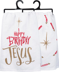 Picture shows front and back view!
A festive double-sided cotton kitchen towel lending "Happy Birthday Jesus" sentiment with star and candle designs throughout and metallic accents. Machine-washable. Measures 28" x 28". 