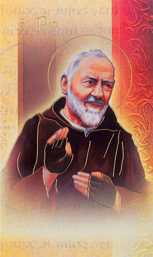 St Padre Pio Pamphlet. This pamphlet is a 2 page biography of St Padre Pio.  His name meaning, His patron attributes, Prayers to St Padre Pio and his Feast Day are all included in the pamphlet. Gold stamped Italian art. 