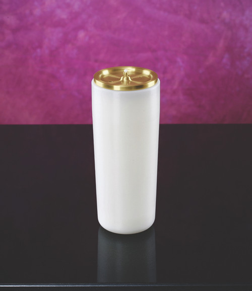 This Sanctuary Light refillable candle comes complete with brass top, wick, and package of seven additional wicks. For use with Lux Mundi Altar pure liquid paraffin