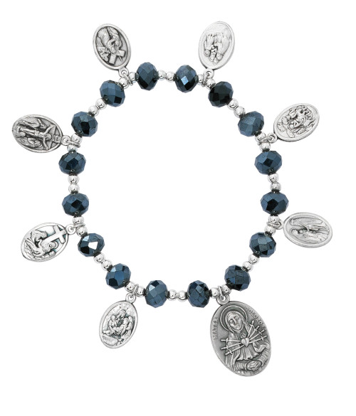 Seven Sorrows Black AB 7.5" Stretch Bracelet. 8MM black AB beads with silver ox 7 sorrows medals. Bracelet comes in a white see through box. Made in the USA