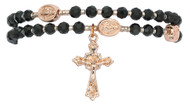 4MM Black Crystal Beads with imitation rose gold seed beads and Copper medals make up this full Twisted Rosary Bracelet. Made in the USA