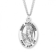 Patron Saint of Soldiers, Calvary. Sterling silver oval medal with a 24" genuine rhodium plated endless curb chain.  Dimensions: 1.1" x 0.7" (27mm x 17mm).  Weight of medal: 2.8 Grams. Medal comes in a deluxe velour gift box. Engraving option available. Made in the USA
