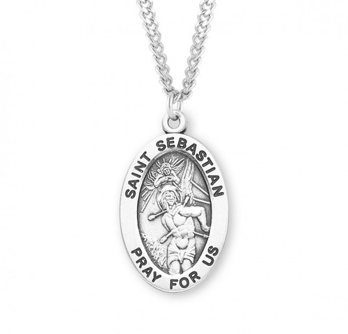 Sterling silver oval medal with a 24" genuine rhodium plated endless curb chain.  Dimensions: 1.1" x 0.7" (27mm x 17mm).  Weight of medal: 2.8 Grams. Medal comes in a deluxe velour gift box. Engraving option available. Made in the USA

 