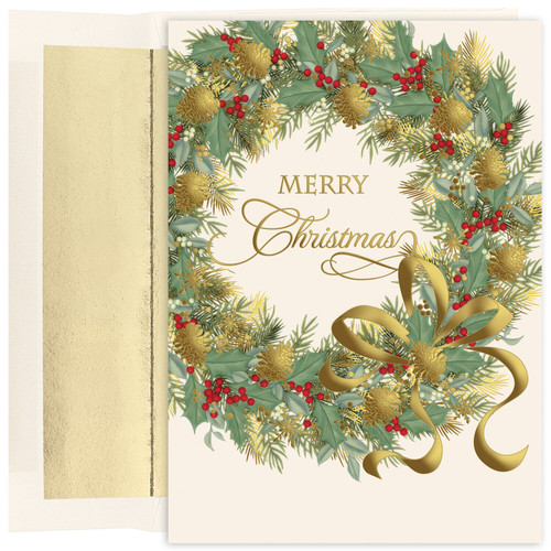 Traditional Wreath Holiday Collection Boxed Holiday Card

This boxed holiday card features Gold Foil and an emboss. Inside Sentiment: "May every happiness be yours at this beautiful season and throughout the coming year"
16 cards/16 foil lined envelopes. Folded Card Size 5.625 x 7.875. Packaged in a printed box with an inside fit acetate lid. 