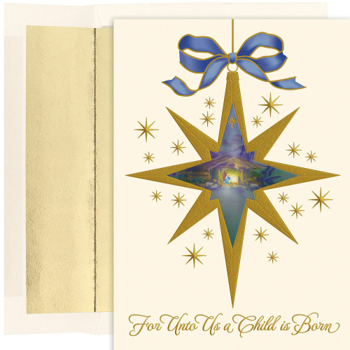 Nativity Star Holiday Collection Boxed Holiday Cards

"Nativity Star" boxed Christmas cards feature gold foil, embossed. Inside Sentiment: "His Birth...A Miracle His Love...Our Gift His Day...Time To Rejoice Let Us Rejoice In All He Has Given Us And Love Each Other As He Love Us. Merry Christmas"
16 cards/16 foil lined envelopes. Folded Card Size 5.625 x 7.875. Packaged in a printed box with an inside fit acetate lid. 