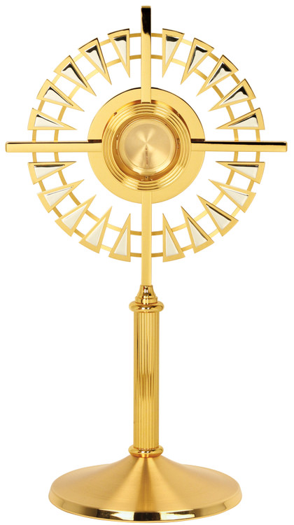 The K224 monstrance is two-tone gold plated with bright silver accents.  This monstrance features a secure acrylic glass luna.
Dimensions:  24" H., 9 1/2" base.  Holds 2 3/4" host.